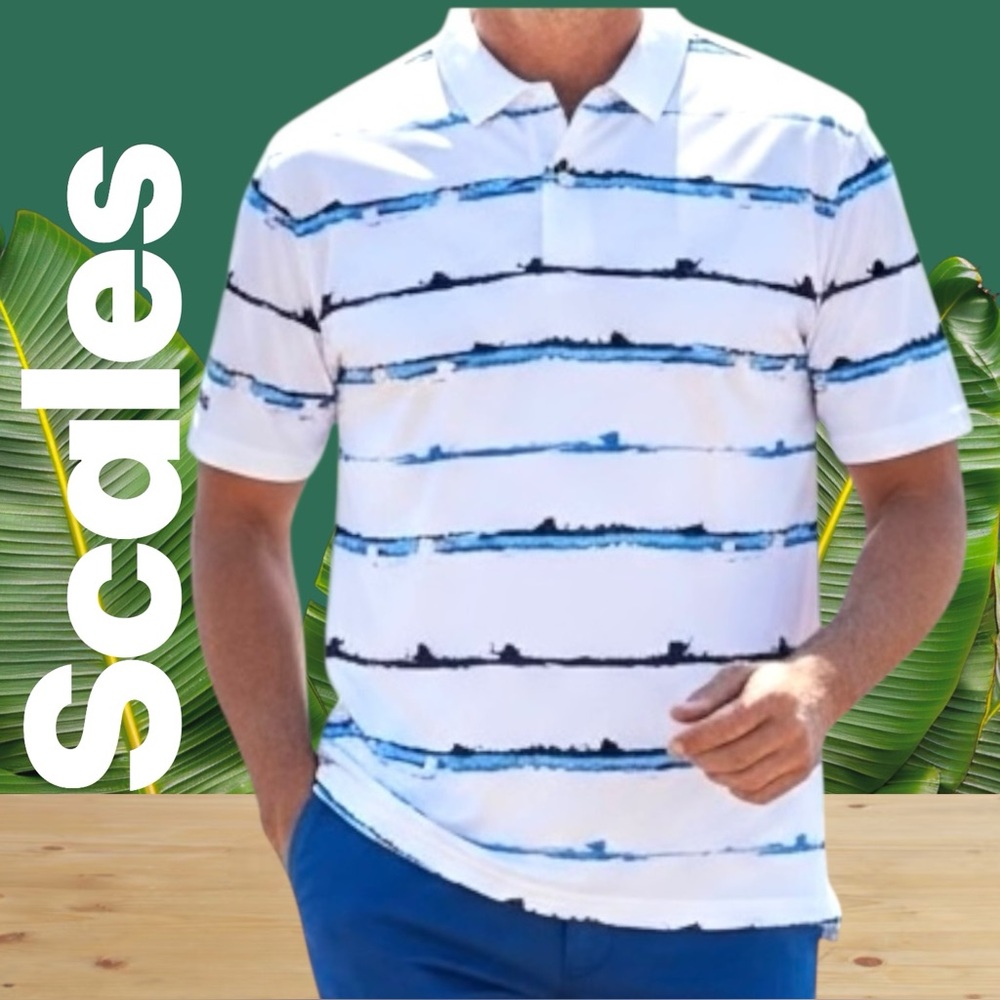 Scales Golf Polo UPF 50+ Striker Stripes Blue Fishing Outdoors Sz L NWOT
